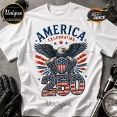 White t-shirt featuring a bald eagle, American flag shield, motorcycle engine, and patriotic 250 graphic in red, white, blue.!