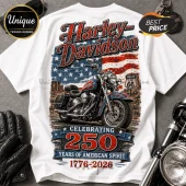 White t-shirt featuring a Harley-Davidson motorcycle graphic, American flag, Route 66 sign, and 250 years text.!