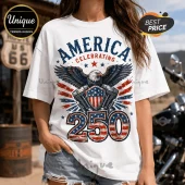 White crewneck t-shirt featuring a bald eagle graphic, patriotic shield, motorcycle engine parts, and the text America 250.!