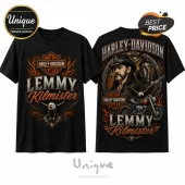 Black cotton t-shirt featuring Lemmy Kilmister graphic, Harley-Davidson logo, eagle imagery, and orange fire accents.!