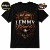 Black cotton t-shirt with orange and silver Harley-Davidson logo, Lemmy Kilmister text, and an eagle graphic.!