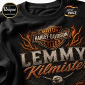 Black cotton t-shirt featuring a Harley-Davidson logo, orange flames, and text reading Lemmy Kilmister above an eagle head.!