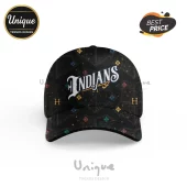 Black baseball cap featuring Indians in white collegiate font with a gold J over a dark pattern of crests and H initials.!