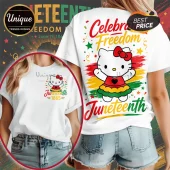 White t-shirt featuring Hello Kitty graphic with red, yellow, and green Juneteenth 1865 text and festive star designs.!
