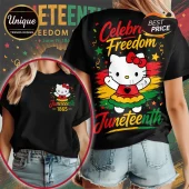 Black cotton t-shirt featuring Hello Kitty with a red bow and Juneteenth 1865 graphics in red, yellow, and green colors.!