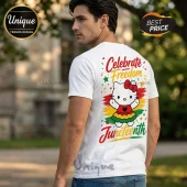 White t-shirt showing back print of Hello Kitty wearing red, yellow, and green skirt with Juneteenth text and confetti.!