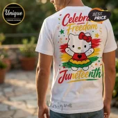 White t-shirt featuring Hello Kitty wearing a red, yellow, and green skirt with text reading Celebrate Freedom Juneteenth.!