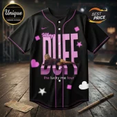 Black baseball jersey with pink trim featuring Hilary Duff photo, large Duff text, and Lucky Me Tour graphic.!