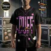 Black baseball jersey with purple piping, Hilary Duff text, photo graphic, and star icons on a front-button closure.!