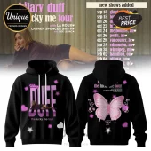 Black cotton hoodie featuring Hilary Duff photo, pink Duff text, and a large back butterfly graphic for Lucky Me tour.!