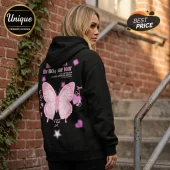 Black cotton hoodie featuring a large pink butterfly graphic, stars, hearts, and text referencing the Lucky Me tour.!