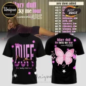 Black cotton t-shirt with Hilary Duff photo on front and pink butterfly graphic on back, featuring tour text in pink.!
