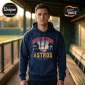 Man wearing a navy blue Houston Astros hoodie featuring a barbecue and baseball graphic with a star-spangled food bowl.!