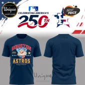 Navy blue Houston Astros t-shirt featuring a graphic of hot dogs over a grill with red, white, and blue text.!