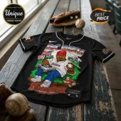 Black Houston baseball jersey featuring DJ Screw graphic with turntable, red cap, baseball, and Texas map design.!