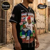 Black baseball jersey featuring DJ Screw graphic, Houston text, an American flag, and turntable illustration.!
