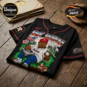 Black baseball jersey featuring a Houston-themed graphic of a DJ with a turntable, baseball, and Texas star on wood background.!