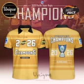 Yellow Hurricanes 2026 Super Rugby Pacific championship polo shirt with black collar and trophy graphic on back.!
