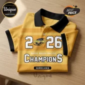 Yellow Hurricanes rugby polo shirt with black collar and cuffs featuring 2026 Super Rugby Pacific Champions text graphic.!