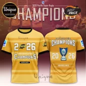 Yellow Hurricanes rugby jersey with 2026 Super Rugby Pacific Champions text, a championship trophy graphic, and logo patches.!