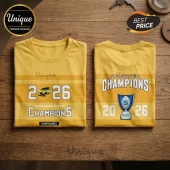 Yellow Super Rugby Pacific Hurricanes 2026 champions graphic t-shirt showing front and back designs on wood background.!