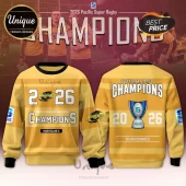 Yellow Hurricanes 2026 Super Rugby Pacific Champions crewneck sweatshirt with championship trophy graphic.!