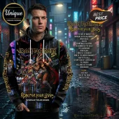 Iron Maiden Run For Your Lives 2026 tour hoodie with Eddie graphic, black background, and tracklist on a man in city alley.!