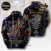 Iron Maiden Run For Your Lives black hoodie with band logo, Eddie mascot graphic, and printed 2026 tracklist on back.!