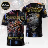 Iron Maiden Run For Your Lives 2026 tour t-shirt featuring Eddie fighting a horned beast in a rainy urban night setting.!