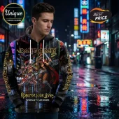 Man wearing black Iron Maiden zip-up hoodie with Run For Your Lives World Tour 2026 graphics and neon city background.!