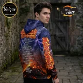 Iron Maiden Run For Your Lives hoodie with lava, lightning, and tracklist print on a man against a stone wall background.!