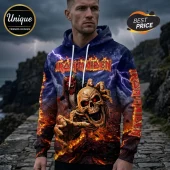 Iron Maiden hoodie featuring Eddie, fire, lightning, and a skull graphic on a navy blue fabric with white drawstrings.!