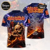 Iron Maiden Run For Your Lives t-shirt featuring Eddie the mascot, a skull, volcanic fire, lightning, and track list print.!