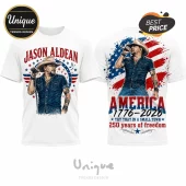 White t-shirt showing front and back prints of Jason Aldean in a cowboy hat with American flag graphics and text motifs.!