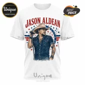 White crew neck t-shirt featuring a graphic illustration of Jason Aldean in a cowboy hat with red and blue star accents.!