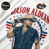 Jason Aldean illustration on white fabric with cowboy hat, denim shirt, microphone, and red, white, and blue star design.!