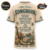 Jimmy Buffett Songbook t-shirt in beige with track list, parrot, acoustic guitar, straw hat, and tropical beach scenery.!