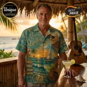 Man wearing a green tropical short-sleeve shirt featuring Jimmy Buffett portrait, sailboat, and sunset beach graphics.!