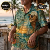Jimmy Buffett button-down shirt with teal palm tree, sunset, sailboat, and margarita graphics on fabric.!