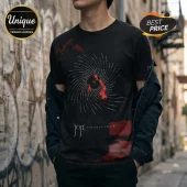 Black cotton t-shirt featuring Joji Solaris Tour graphic with red spiral motif, white text, and abstract red paint strokes.!
