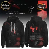 Black Joji Solaris Tour hoodie with red abstract graphics, white spiral text, and tour dates printed on front and back.!