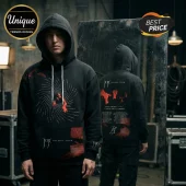 Black Joji Solaris Tour hoodie with red abstract graphic and white spiral design, featuring tour dates on the back.!