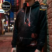 Black hooded sweatshirt with Joji Solaris Tour graphic, featuring a red swirl design and tour dates on the front.!