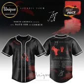 Black baseball jersey with Solaris Tour graphics, featuring a red swirl on the front and North American tour dates on the back.!