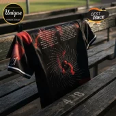 Black concert t-shirt featuring red graphic of a figure reaching through a spiral pattern with tour dates on back.!
