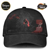 Black baseball cap featuring a Joji Solaris Tour graphic with swirling tour dates and red silhouette figure on the crown.!
