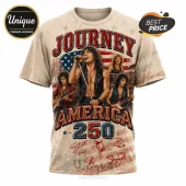 Journey band graphic t-shirt featuring members, USA flag background, and 250 America text with printed autographs on beige.!