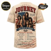 Journey band graphic t-shirt featuring members, American flag background, song list, and 250 Years of Freedom text.!