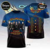Journey Final Frontier 2026 band tour graphic t-shirt featuring band members and tour dates on a blue and black gradient.!