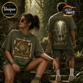Olive green oversized t-shirts featuring Jumanji themed board game graphics and text in a jungle setting.!